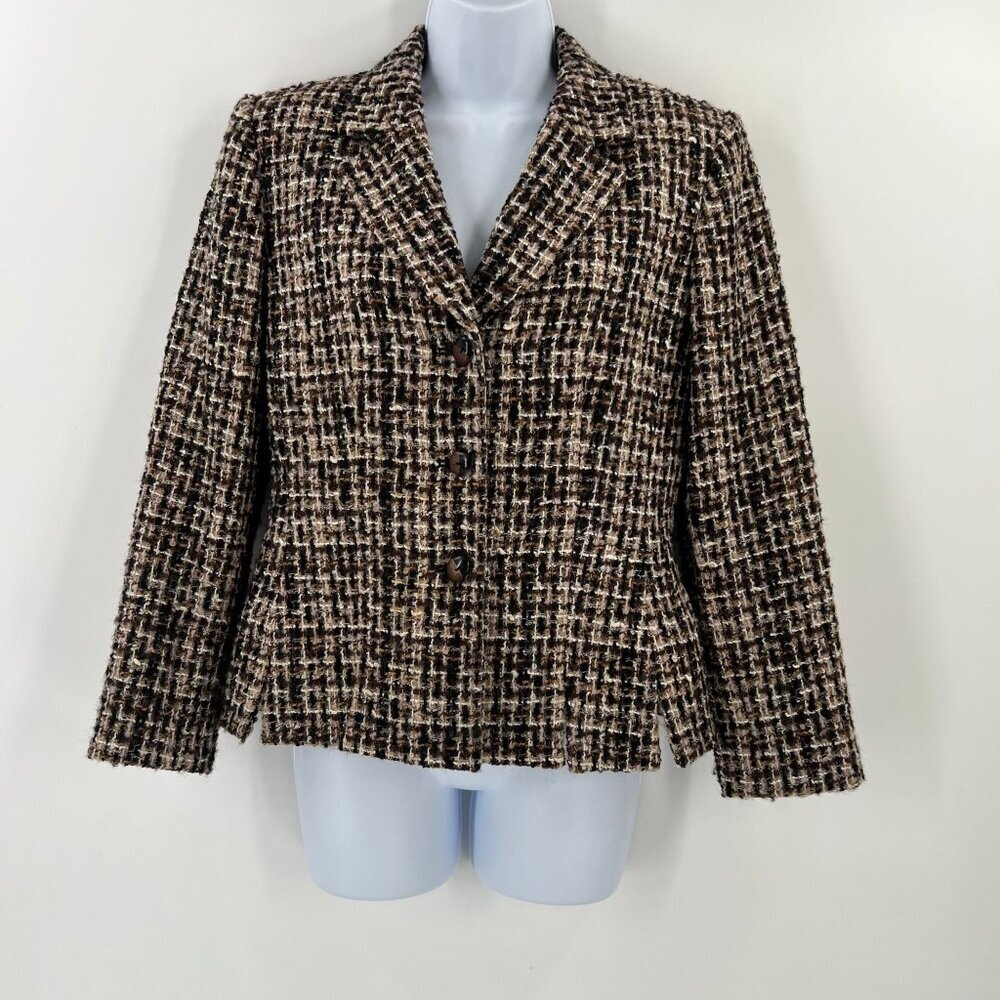 Albert Nipon Tweed Blazer Size 4 Vintage Wool Blend Brown Check Boucle‎ Jacket